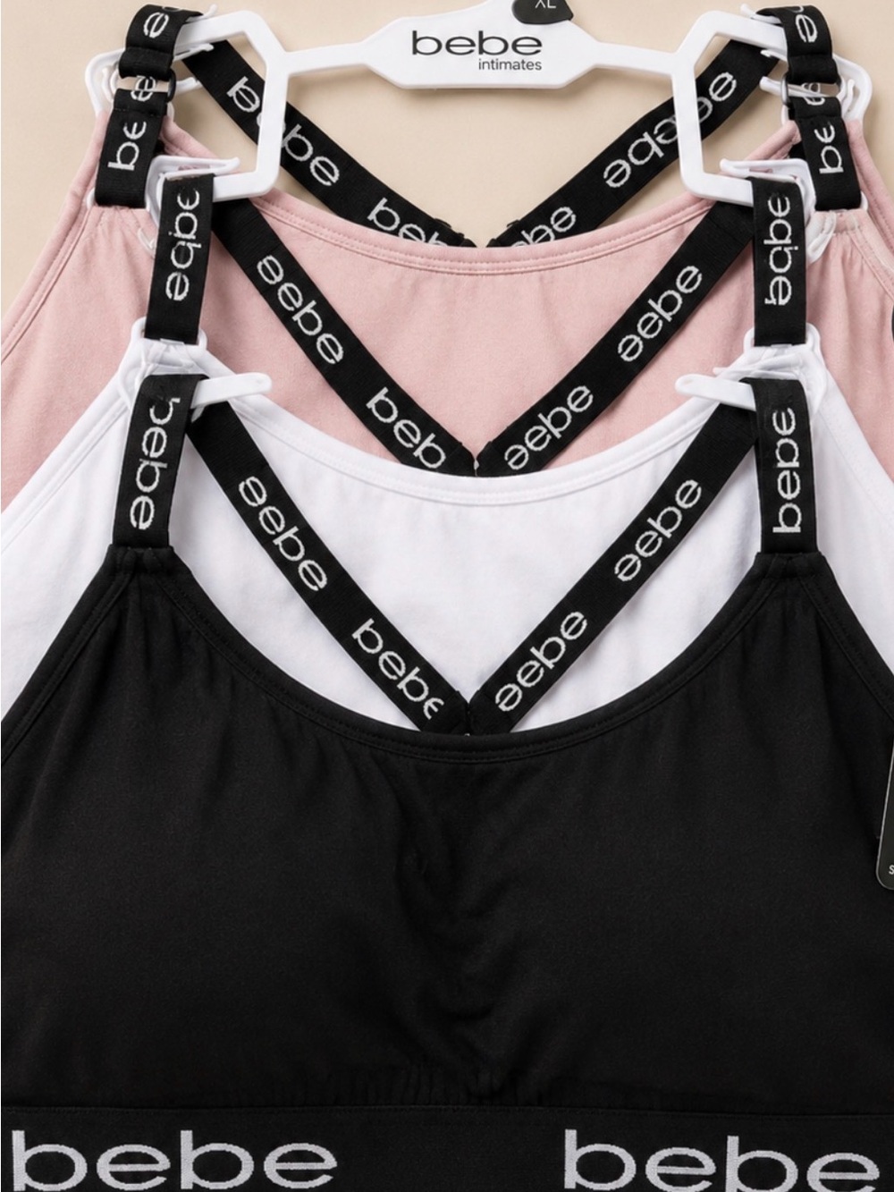bebe Pack of 3 Logo Strap Bralettes - Black, White, Dusty Pink